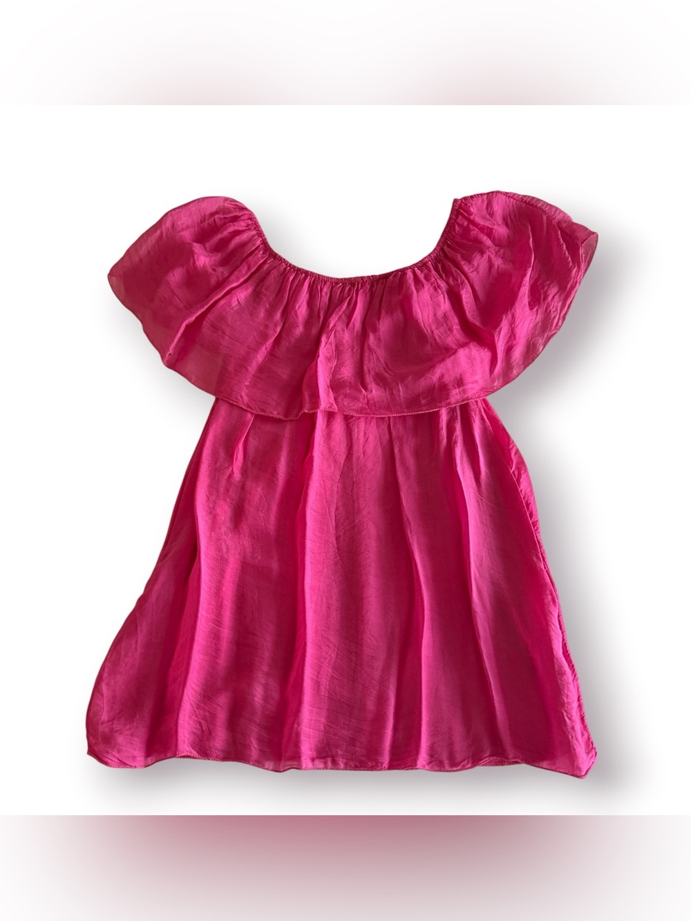 Flowy Boho Off-the-shoulder Fuchsia 100% Silk Blouse with Ruffle Detail - Picture 2 of 6